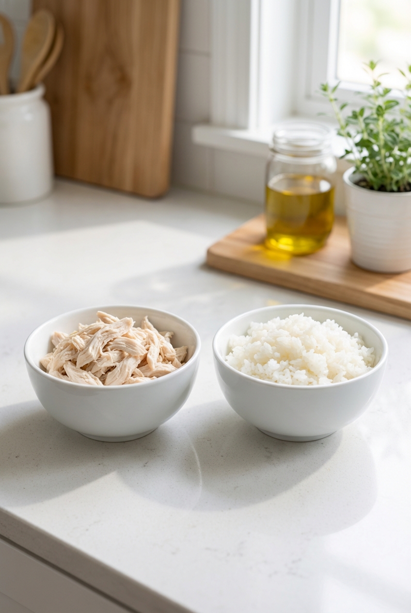 A small bowl of shredded boiled chicken next to a bowl of plain white rice on a kitchen counter