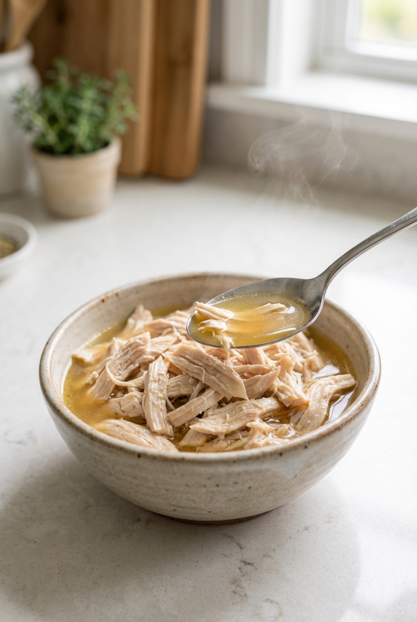 A small bowl of shredded cooked chicken with a spoonful of warm broth on a kitchen counter