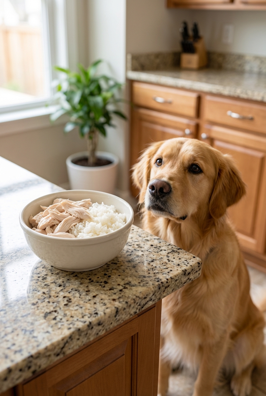A small bowl with plain boiled chicken and white rice on a kitchen counter with a dog watching nearby