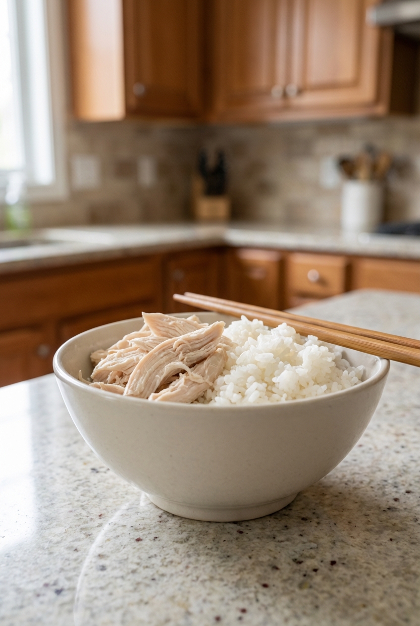 A small bowl with plain boiled chicken and white rice on a kitchen counter
