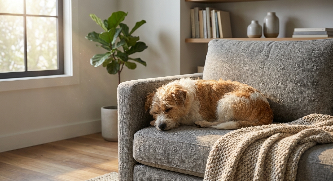A small, calm dog resting quietly on a living room sofa inside a modern apartment with natural window light, real photography style
