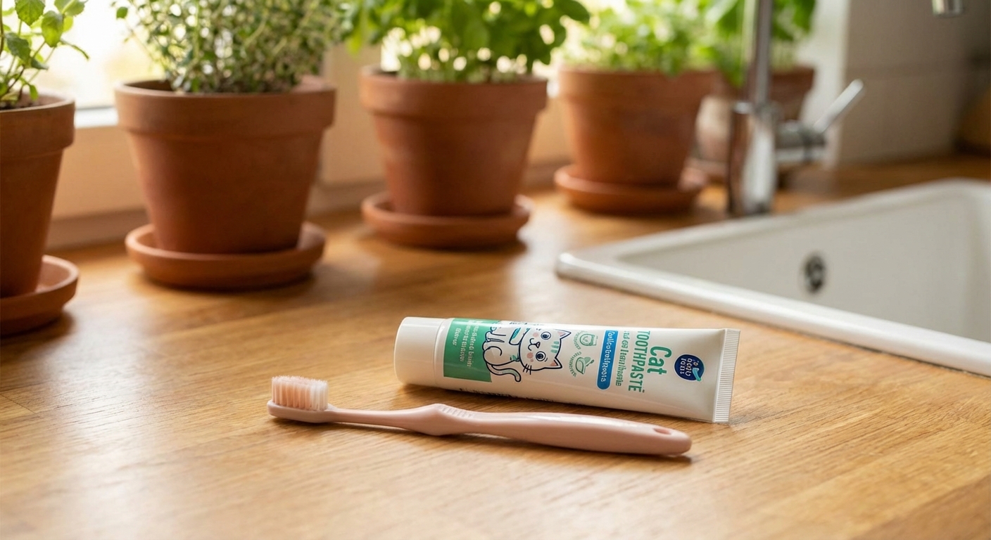 A small cat toothbrush next to a tube of cat toothpaste on a bathroom counter