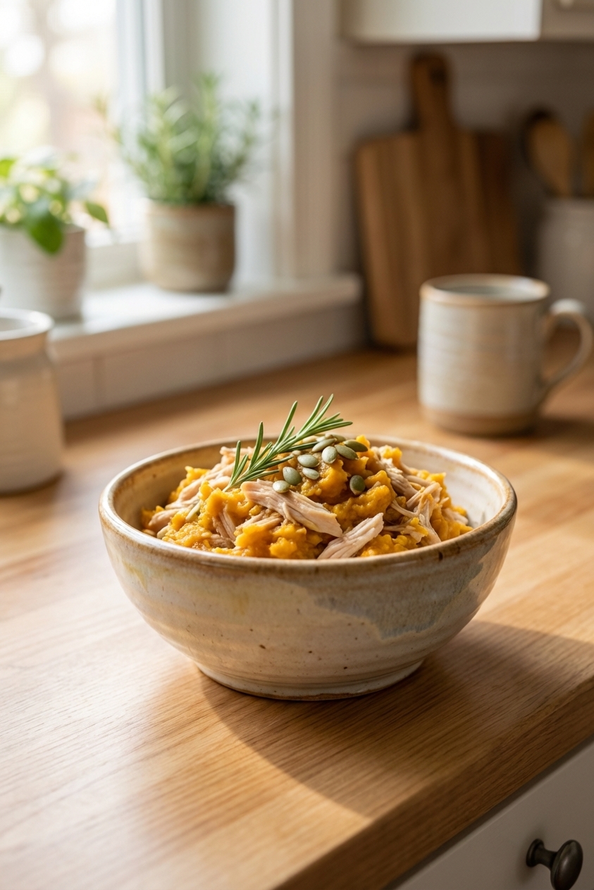 A small ceramic bowl filled with a soft homemade mixture of shredded turkey and pumpkin on a kitchen counter, natural light, real-life photography style