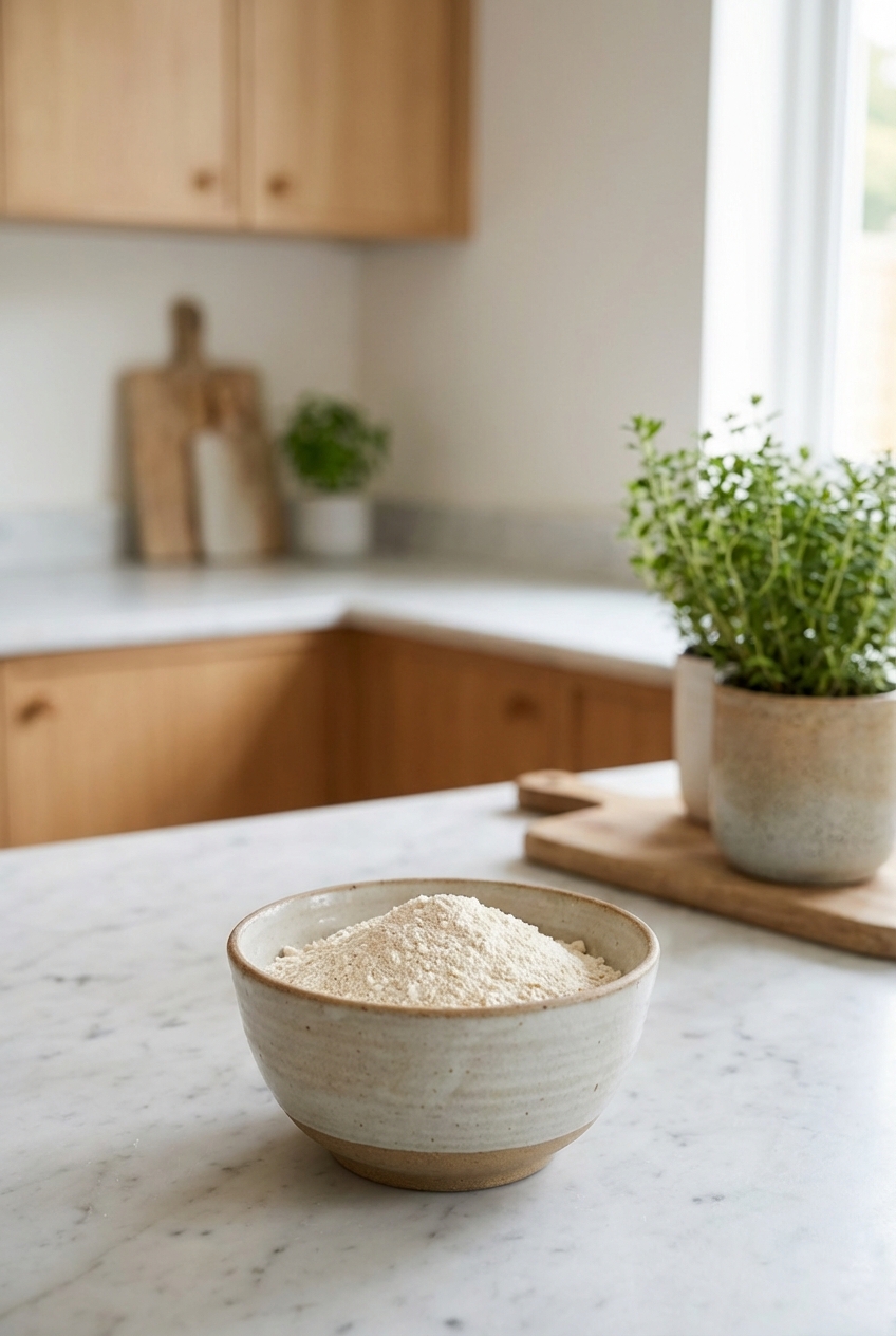 A small ceramic bowl filled with finely ground eggshell powder on a kitchen counter