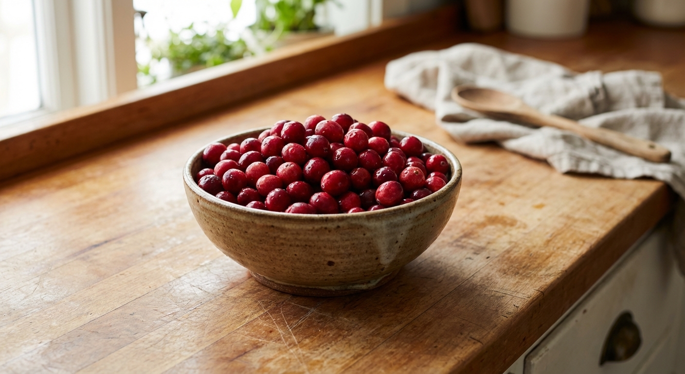 A small ceramic bowl filled with fresh cranberries on a wooden kitchen counter with soft natural lighting, realistic food photography