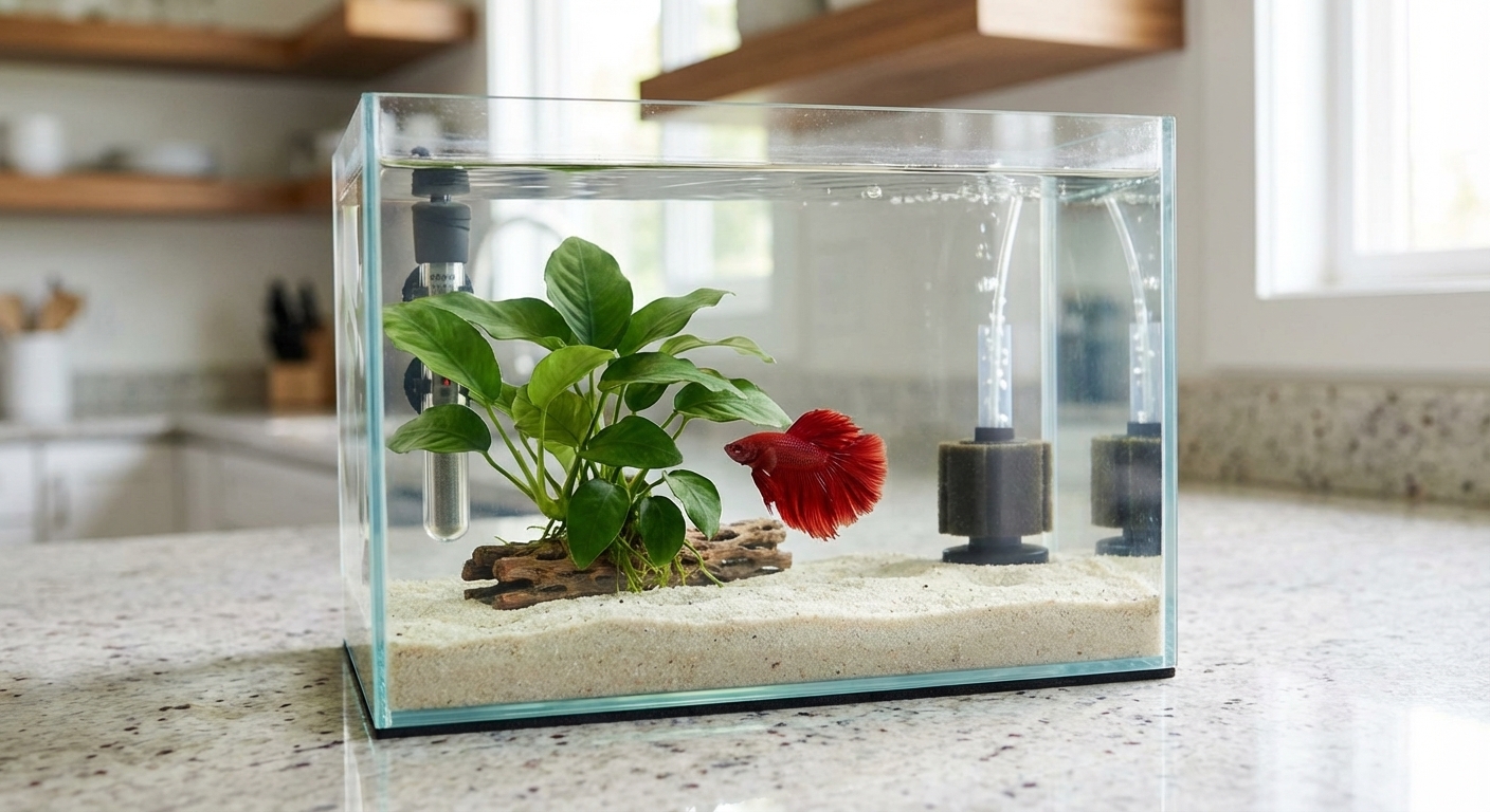 A small, clean aquarium on a countertop with a single betta fish swimming near a leafy aquatic plant