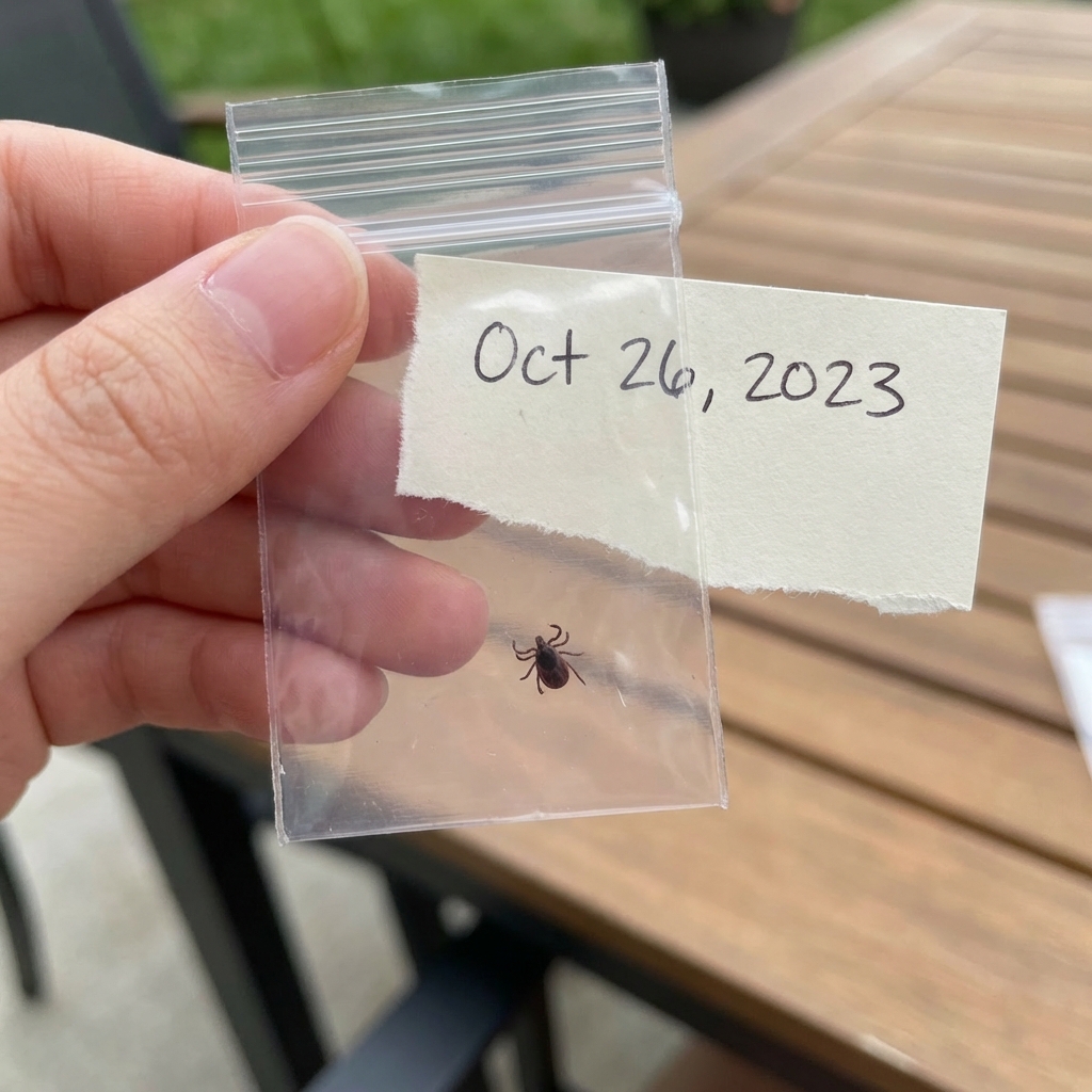 A small clear zip bag holding a tick with a handwritten date on a piece of paper behind it