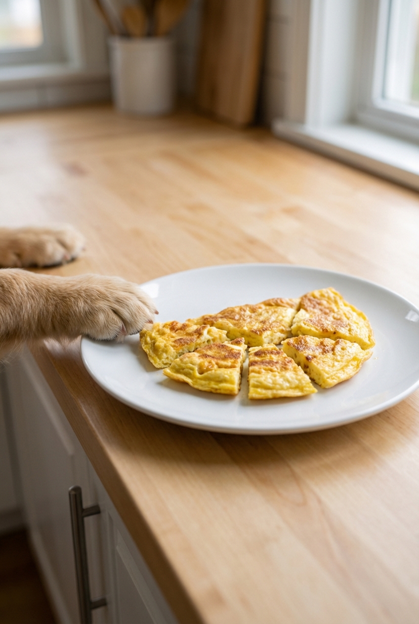 A small cooked omelet cut into bite-sized pieces on a plate next to a puppy paw reaching toward it