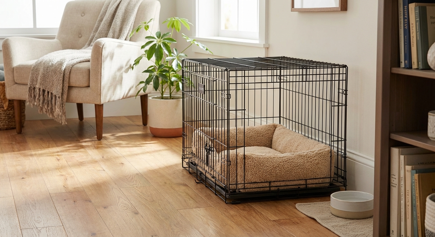 A small crate set up in a living room with a soft bed and a water bowl nearby