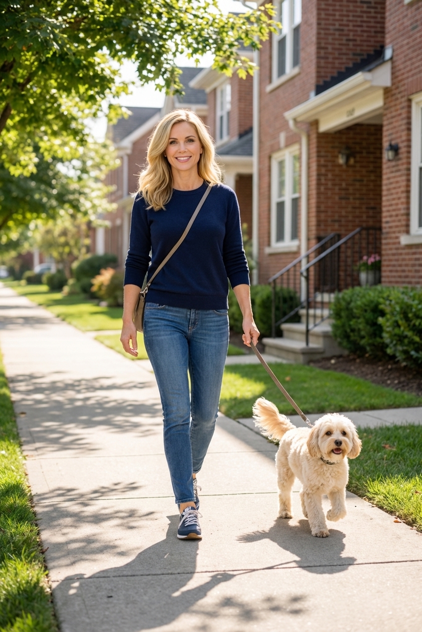 A small cream Cavapoo standing on a sidewalk during a neighborhood walk