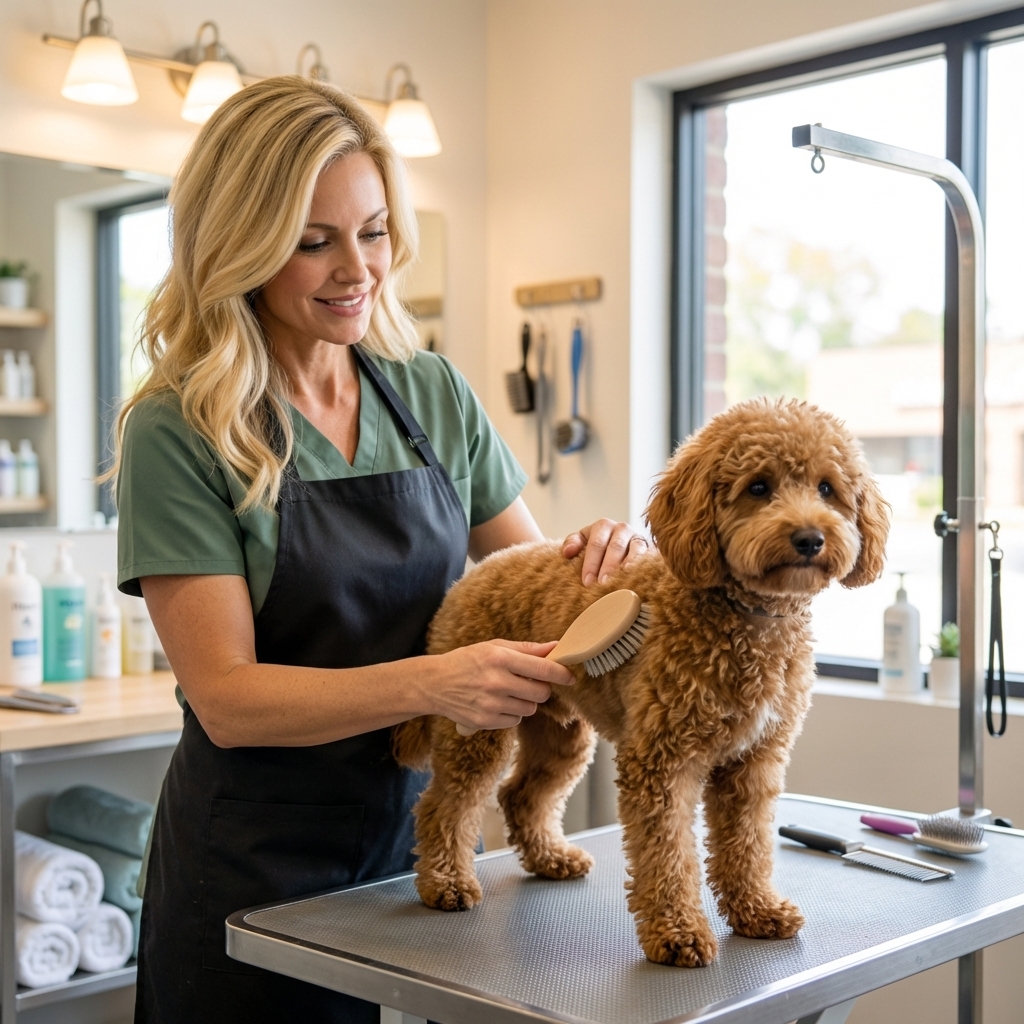 A small curly-coated dog being gently brushed on a grooming table, calm expression, indoor pet salon, photorealistic photography