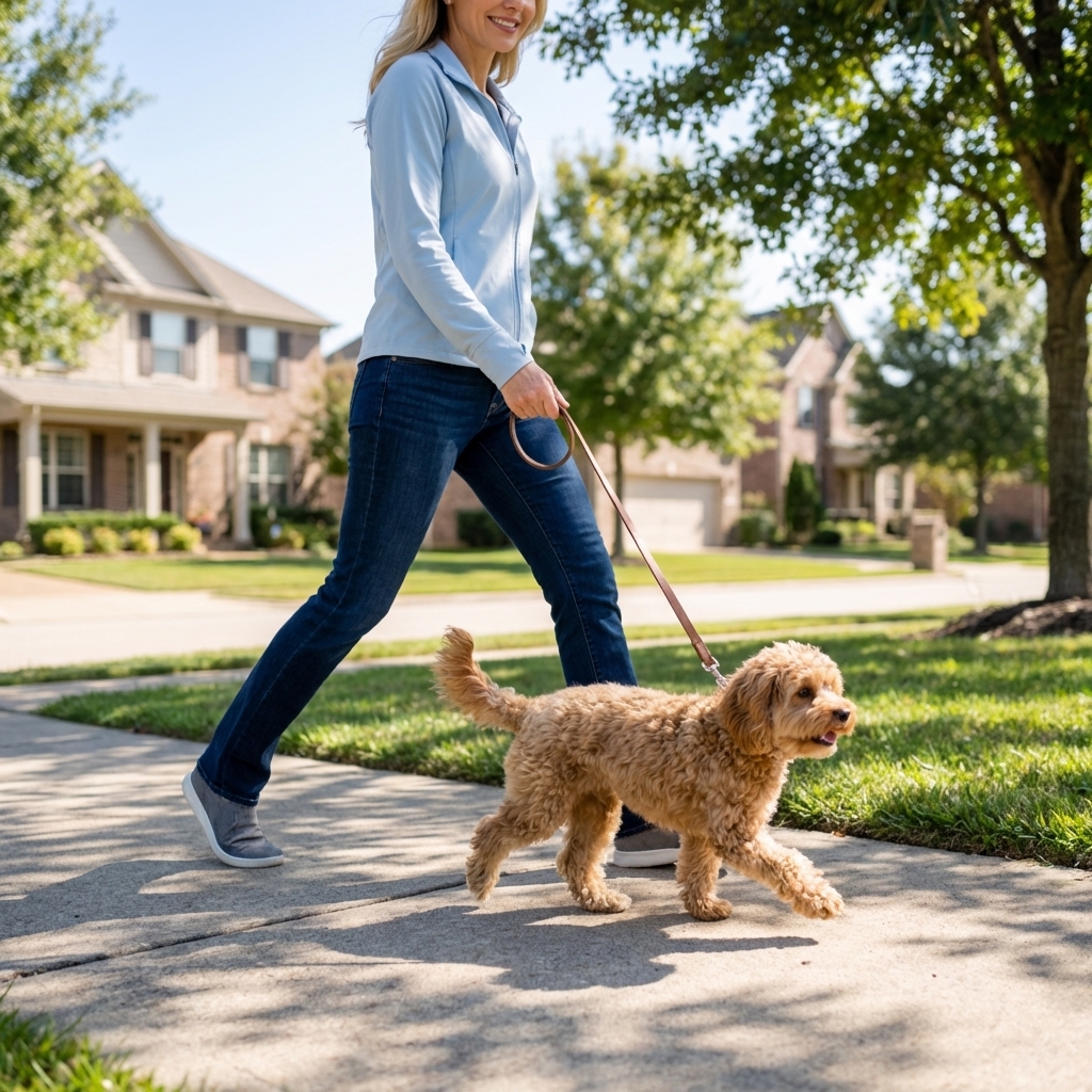 A small curly-coated dog walking on a sidewalk next to its owner’s legs, mid-stride, natural outdoor light, photorealistic
