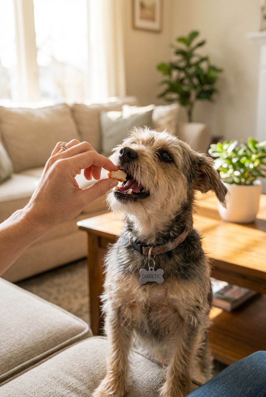 A small diabetic dog receiving a tiny piece of cooked chicken from an owner’s hand in a living room