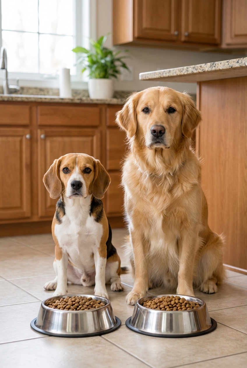 A small dog and a large dog sitting in a kitchen near separate stainless steel food bowls