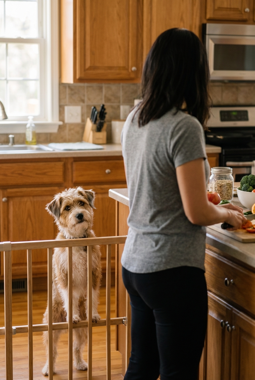 A small dog behind a baby gate watching calmly while a person prepares food in the kitchen