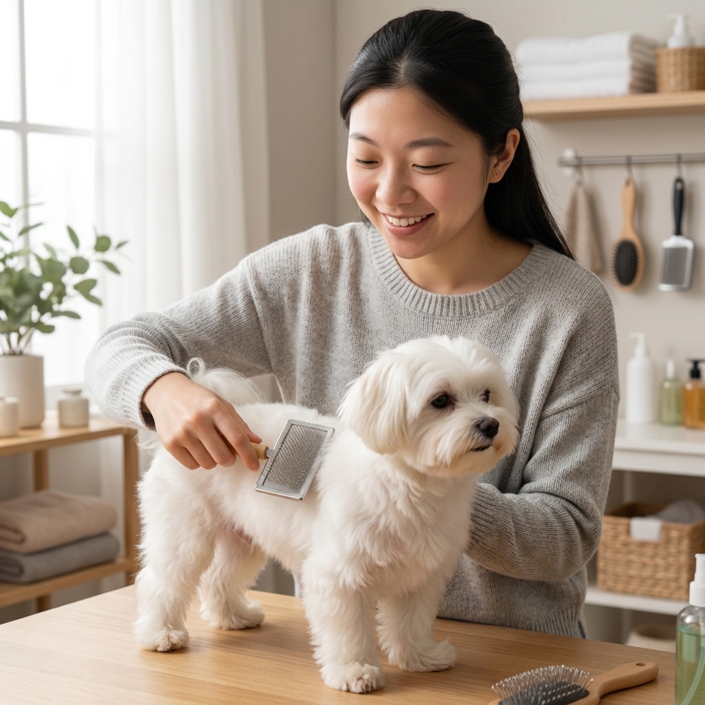 A small dog being gently brushed with a slicker brush on a grooming table, calm posture, soft indoor lighting, photorealistic