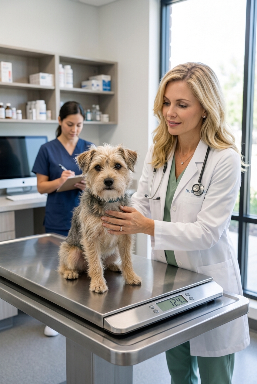 A small dog being gently weighed on a veterinary clinic scale
