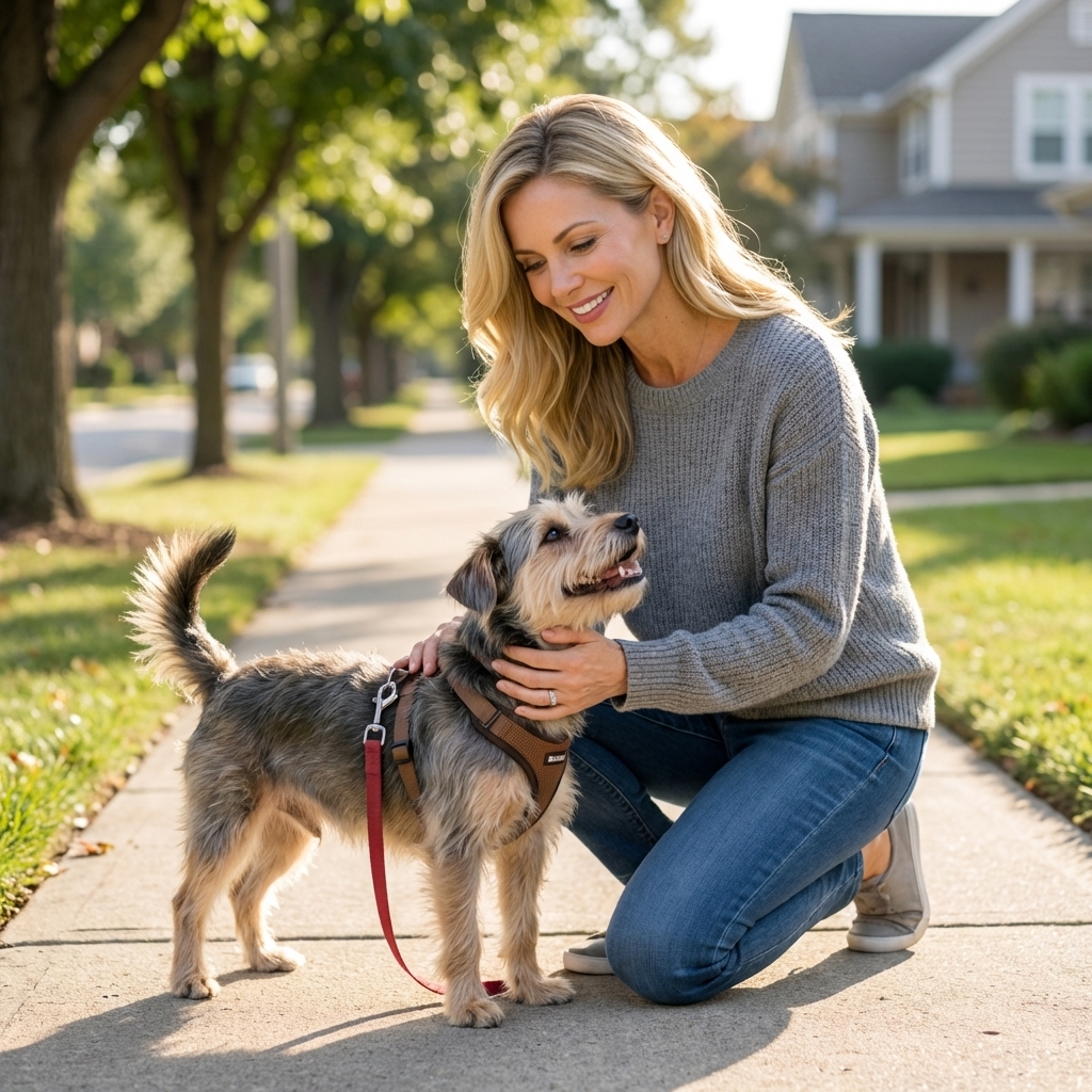 A small dog calmly meeting a friendly person on a sidewalk, the dog wearing a harness and leash, relaxed body language, natural outdoor light, photorealistic