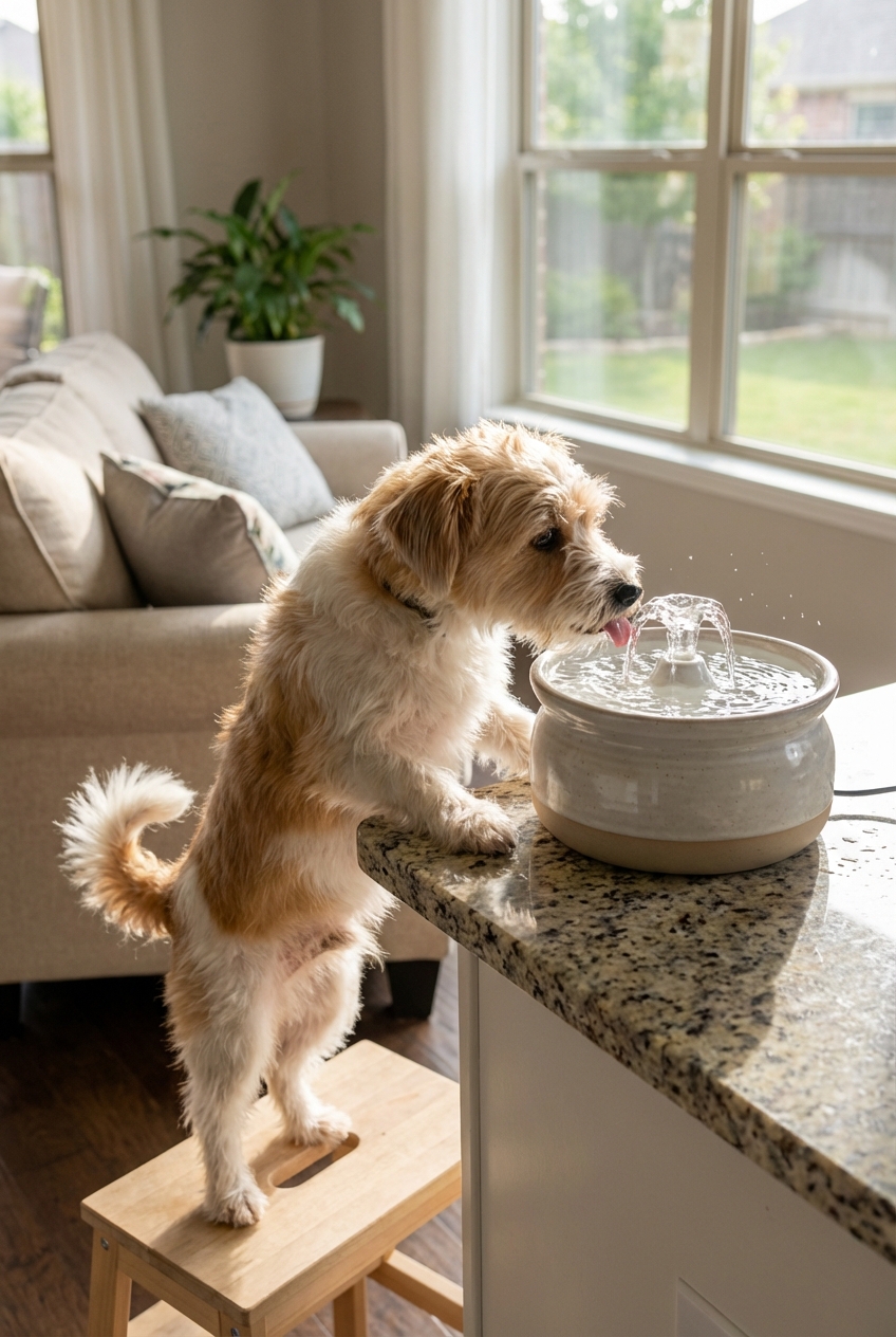 A small dog drinking from a countertop pet water fountain in a living room