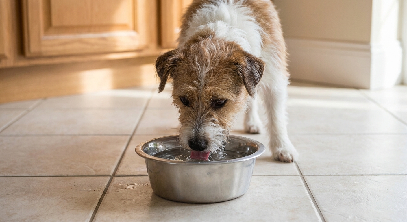 A small dog drinking water from a stainless steel bowl on a kitchen floor