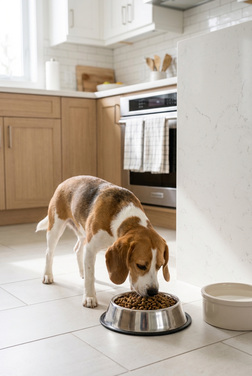 A small dog eating a measured portion of kibble from a stainless steel bowl in a clean kitchen