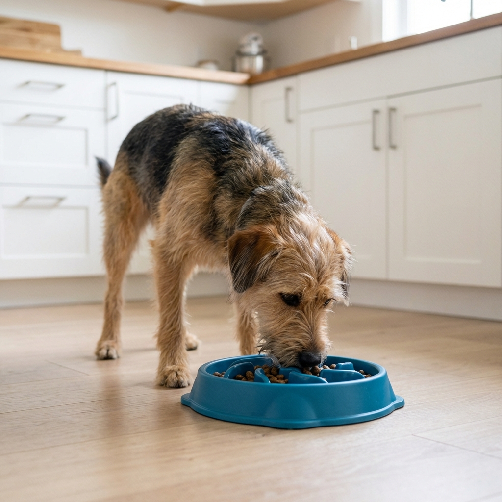 A small dog eating from a slow feeder bowl on a kitchen floor
