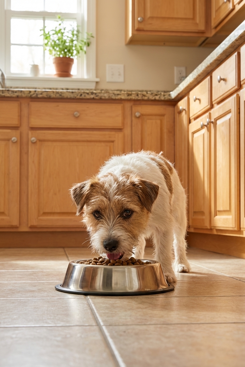 A small dog eating from a stainless steel bowl in a kitchen