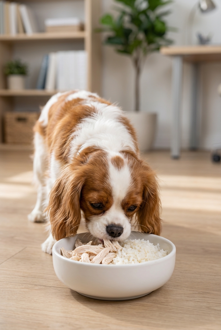 A small dog eating from a white bowl containing shredded chicken and rice