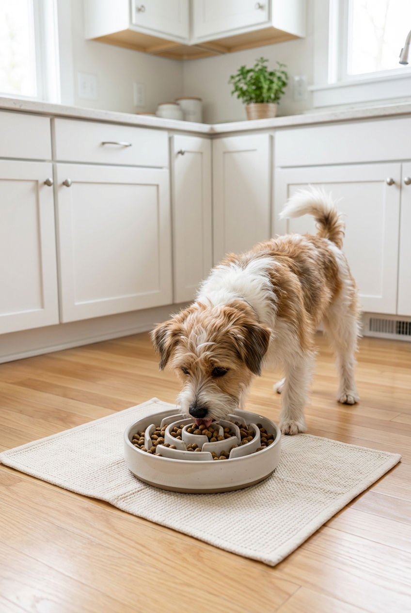 A small dog eating kibble from a slow feeder bowl on a clean kitchen mat