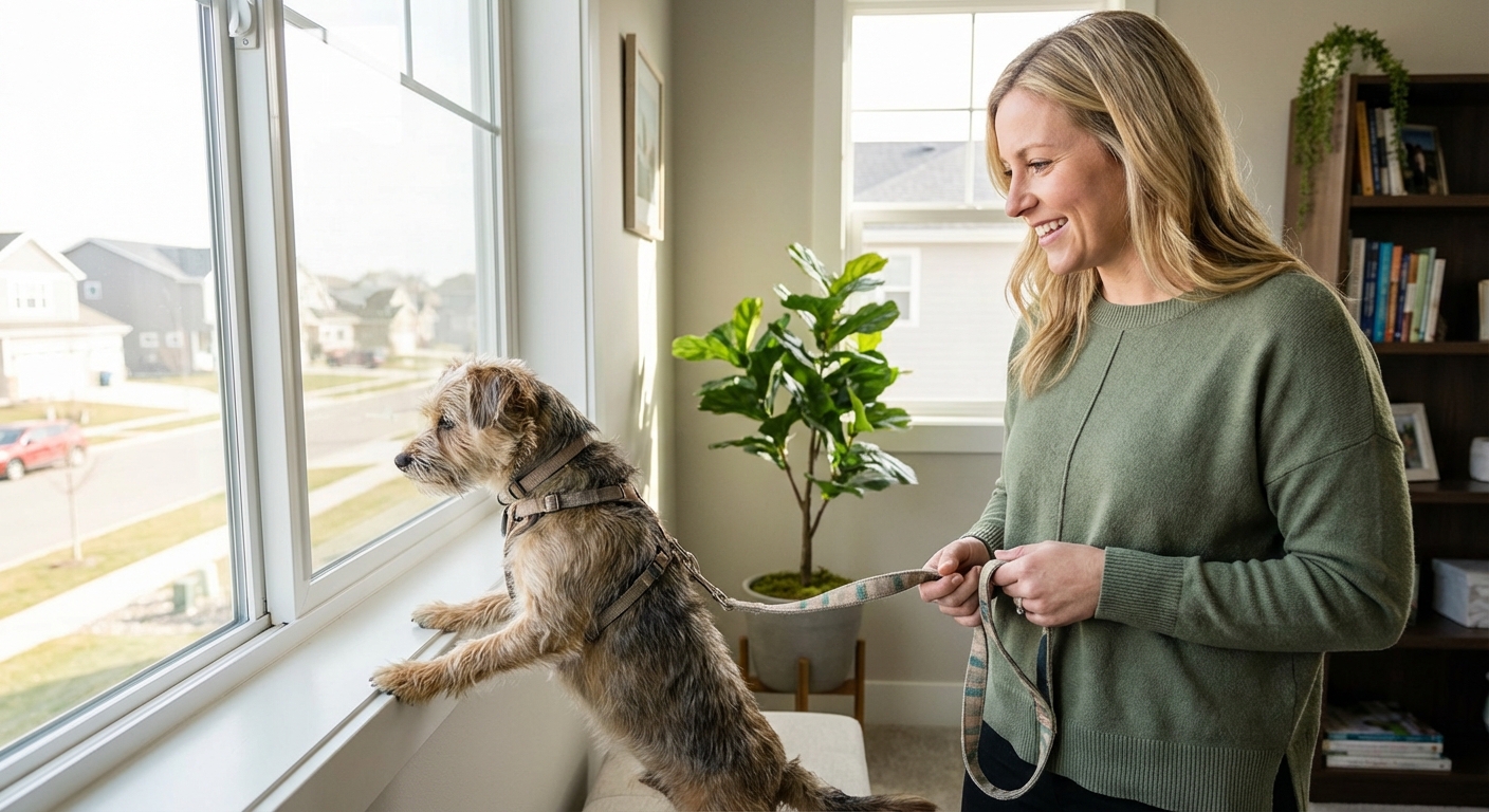 A small dog looking out a window while an owner holds a leash indoors