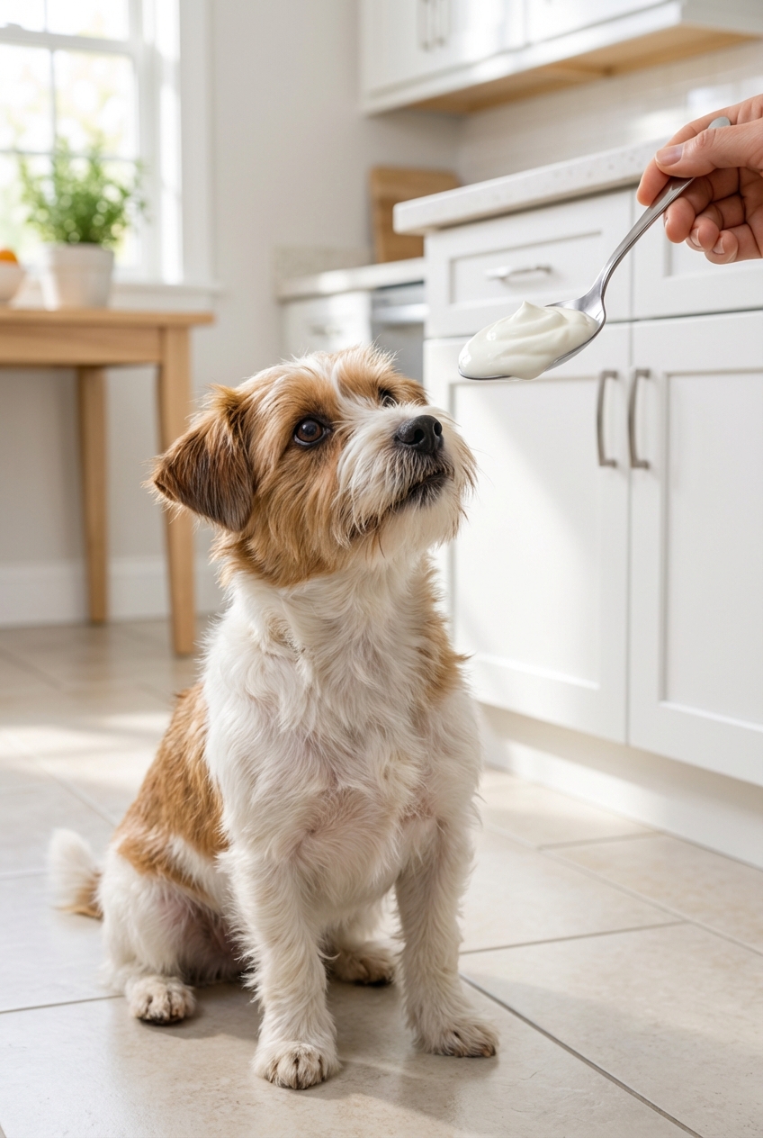 A small dog looking up at a spoonful of plain yogurt in a bright kitchen