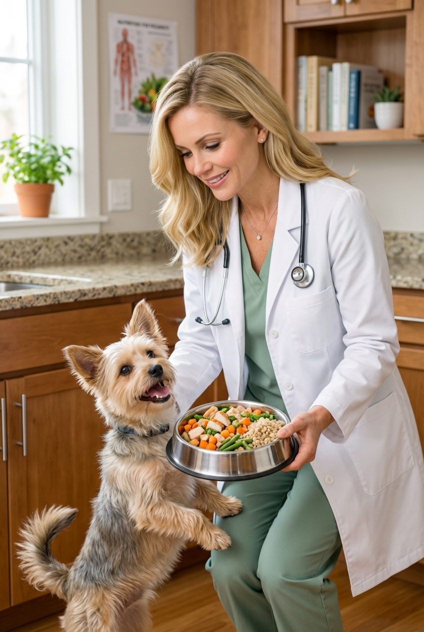 A small dog looking up happily while a person holds a stainless steel bowl of freshly prepared food in a kitchen