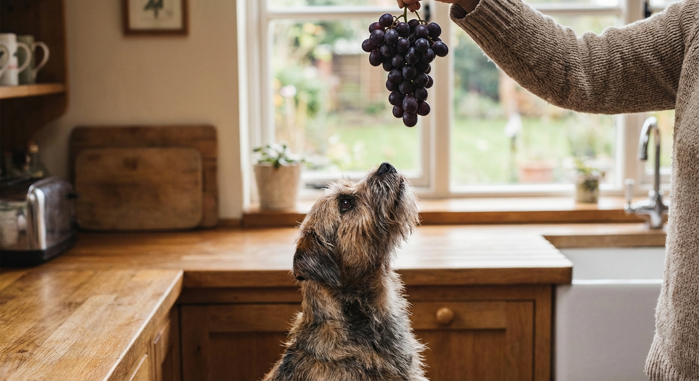 A small dog looking up while a person holds a bunch of grapes out of reach