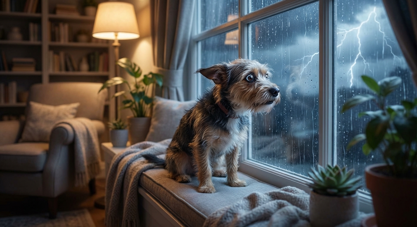 A small dog looking wide-eyed at a window during a thunderstorm inside a cozy home
