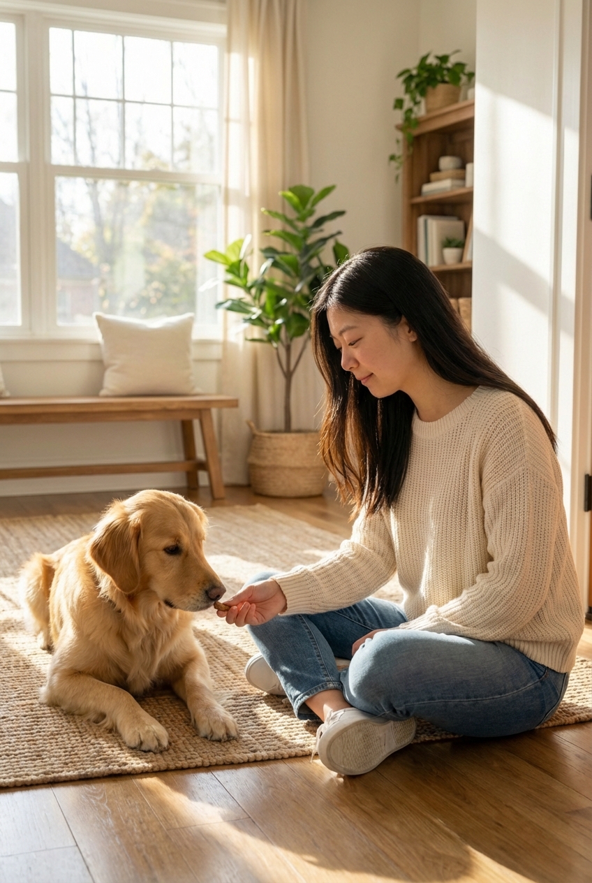 A small dog lying calmly on a fabric mat while a person offers a treat from a seated position
