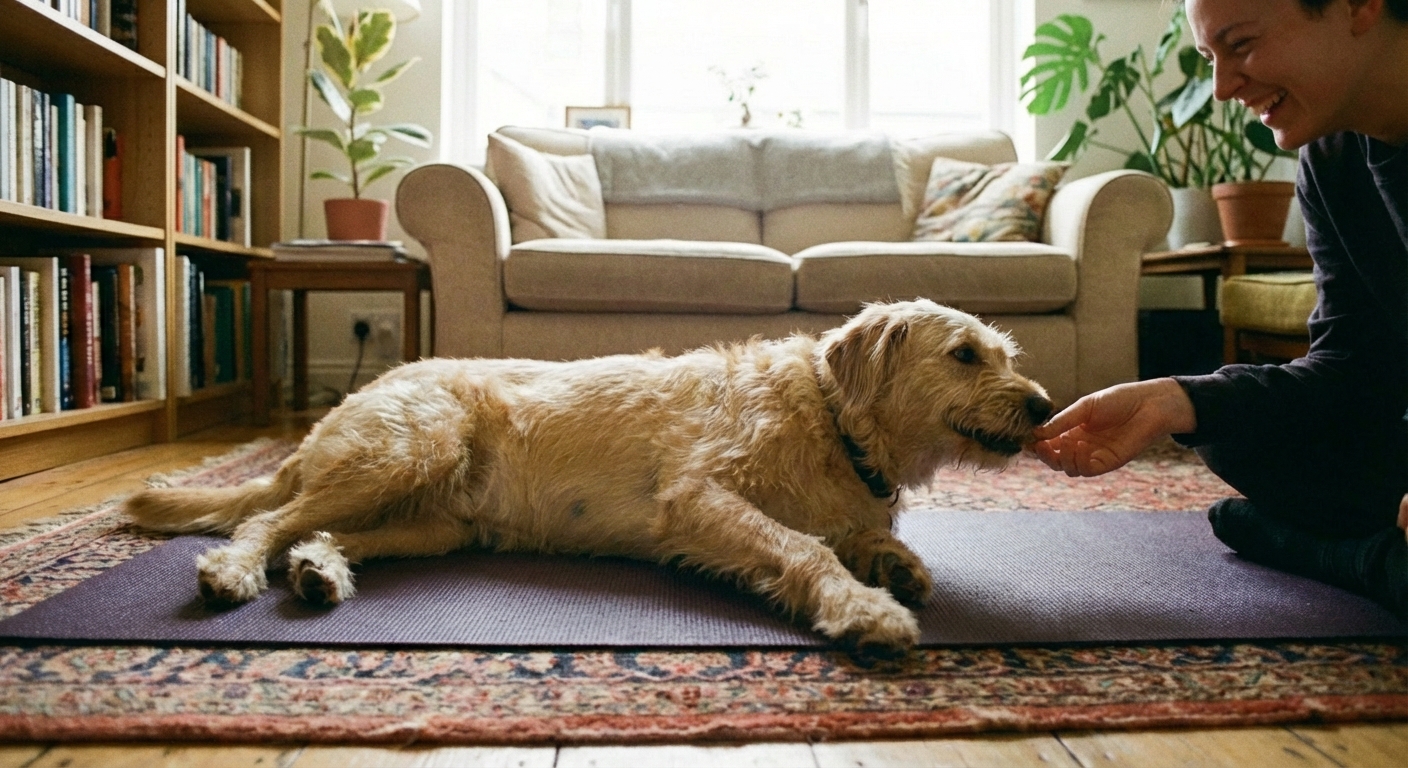 A small dog lying calmly on its side on a yoga mat while a person rewards with a treat