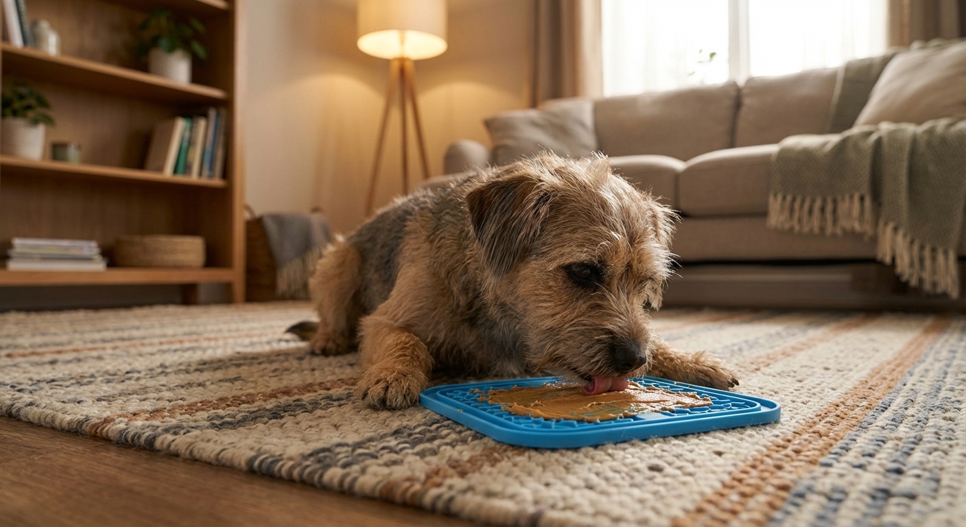 A small dog lying on a living room rug licking a silicone lick mat with a thin layer of plain soft food, cozy indoor lighting, realistic photography