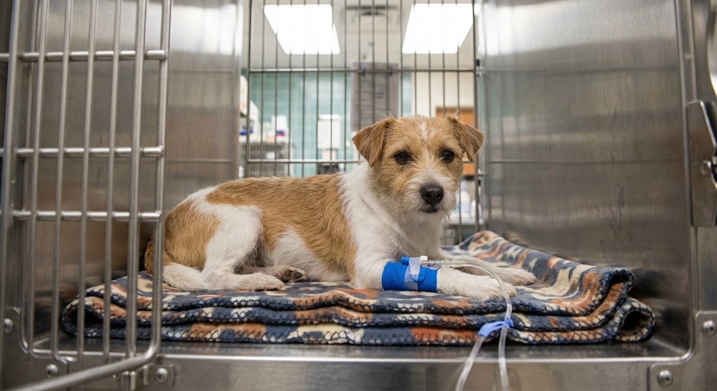 A small dog lying on a soft blanket in a veterinary clinic kennel with an IV catheter taped to its front leg, real clinical photography