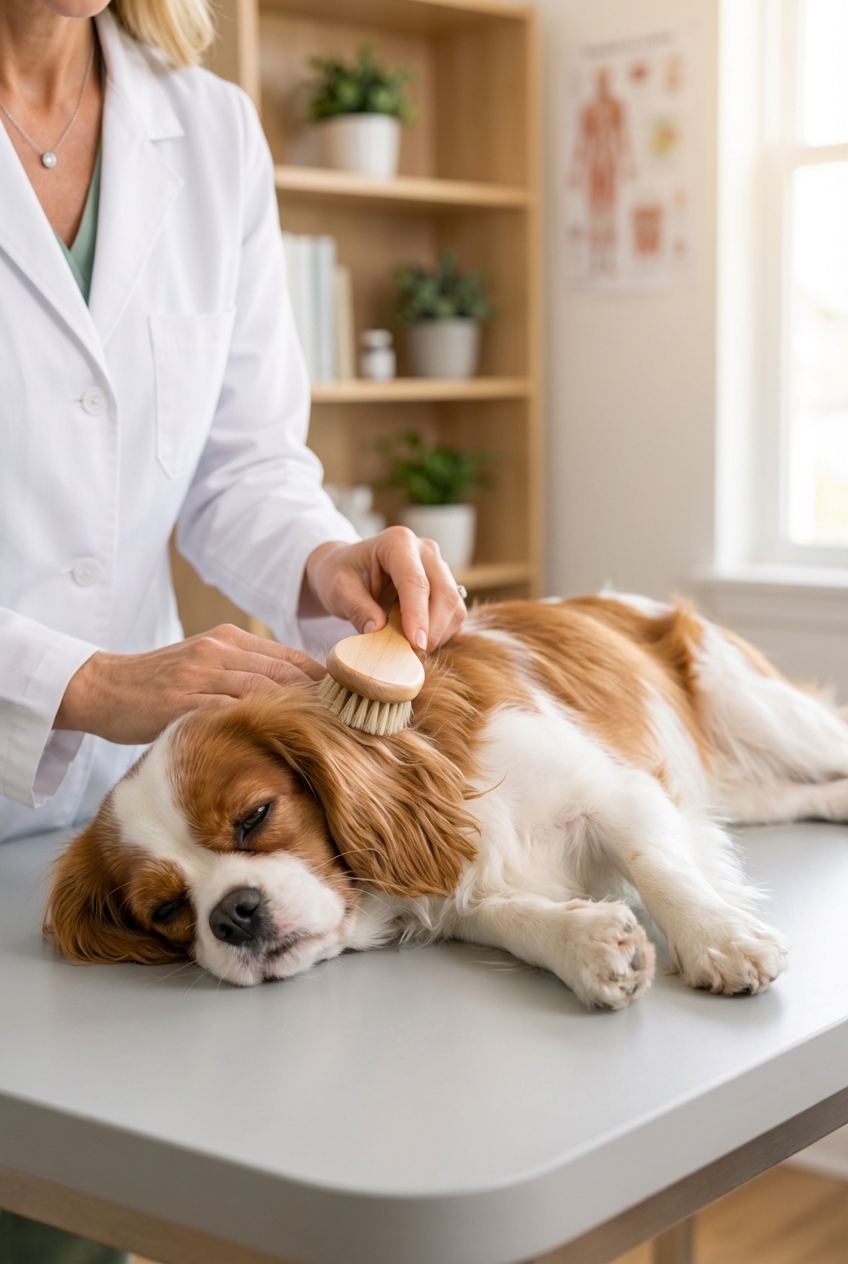 A small dog lying on its side while a person gently brushes the fur behind the ear in good lighting