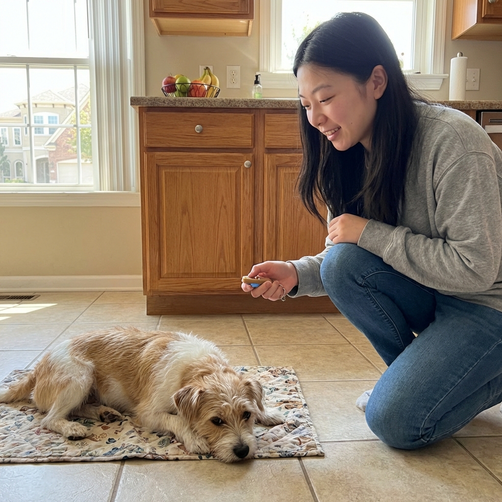 A small dog lying relaxed on a mat in a kitchen while a person holds a clicker nearby