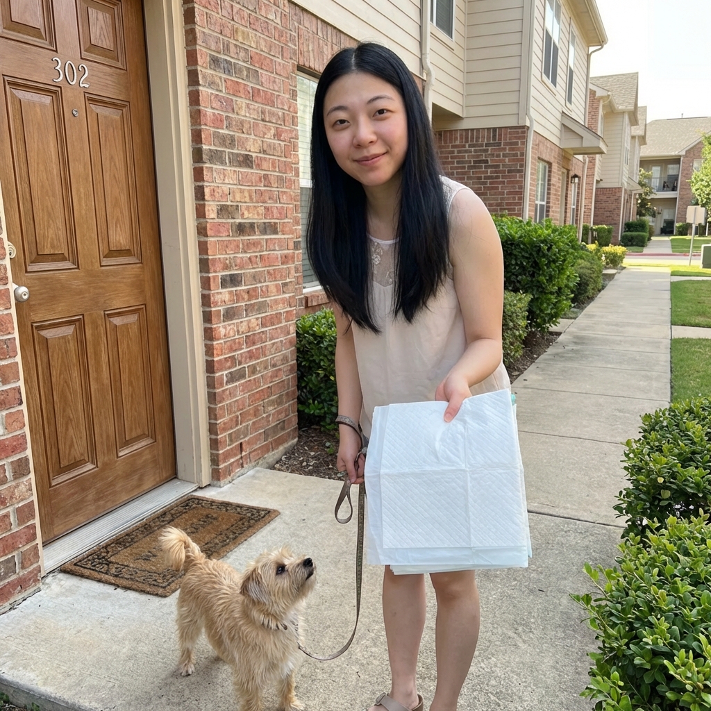A small dog on a leash near an apartment door while an owner holds a folded potty pad