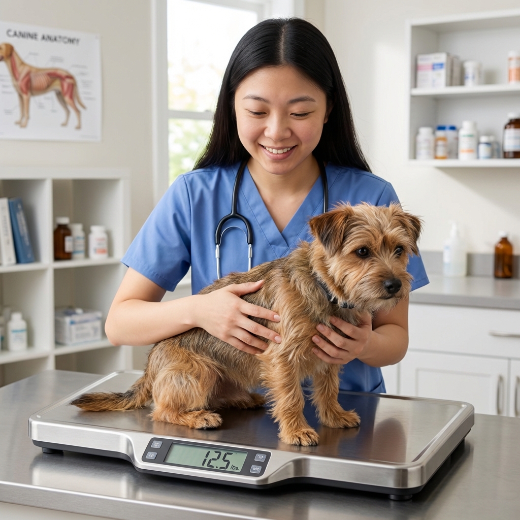 A small dog on a veterinary exam table while a technician gently holds the dog and checks a weight on a digital scale