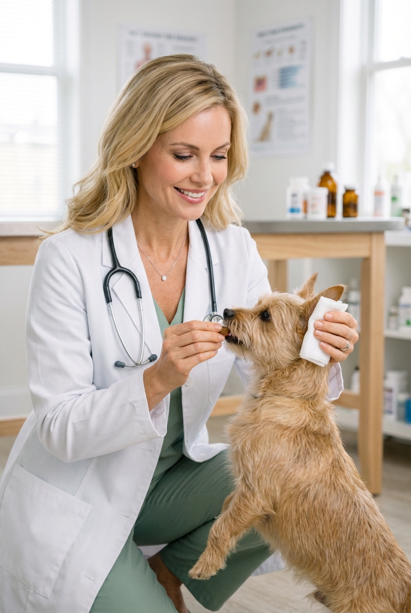 A small dog receiving a treat while a person gently holds cotton gauze near the ear