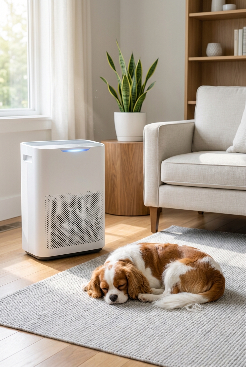 A small dog resting beside a HEPA air purifier in a clean living room