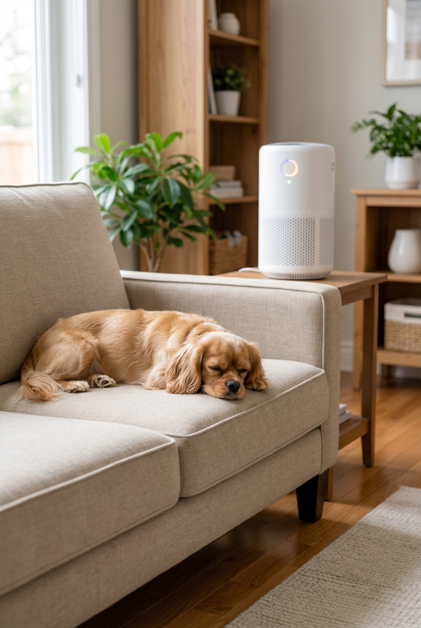 A small dog resting calmly on a couch in a clean living room with a visible air purifier