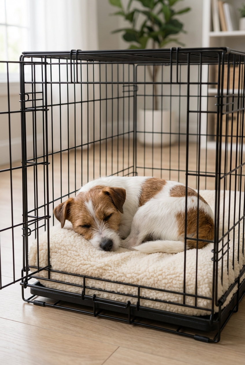 A small dog resting in a crate with a soft blanket in a quiet room