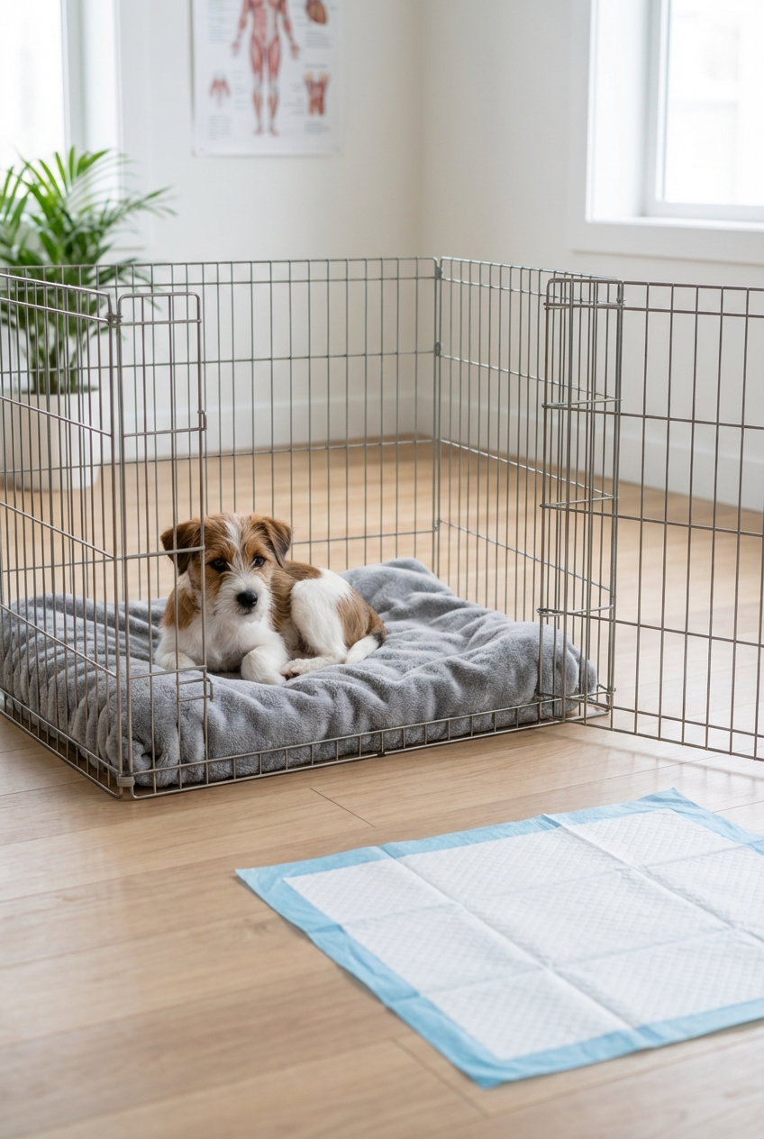 A small dog resting in an exercise pen with a potty pad placed several feet away on the pen’s floor