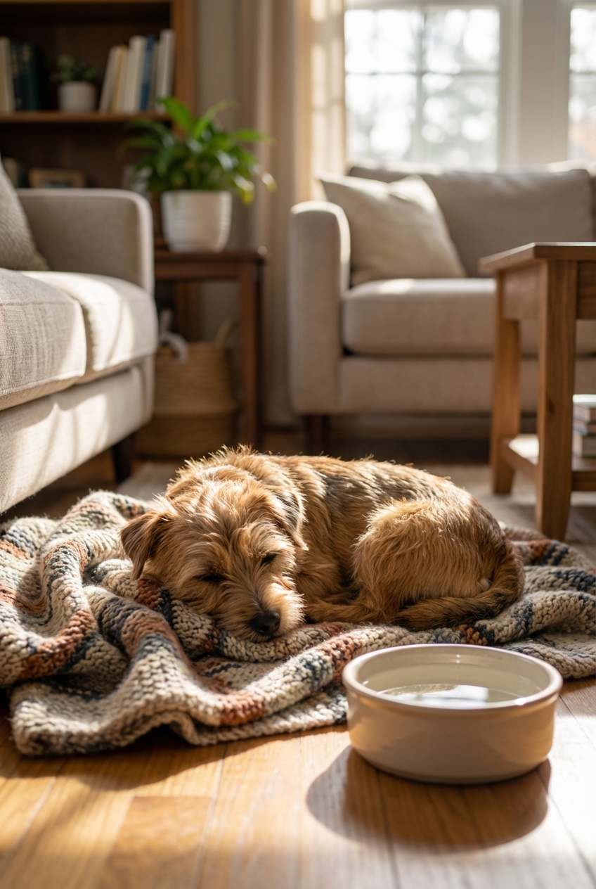 A small dog resting on a blanket next to a water bowl in a living room