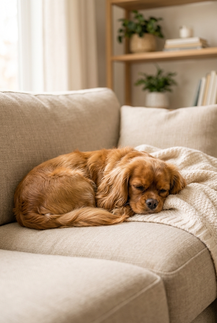 A small dog resting on a couch with a blanket while looking sleepy in soft natural light