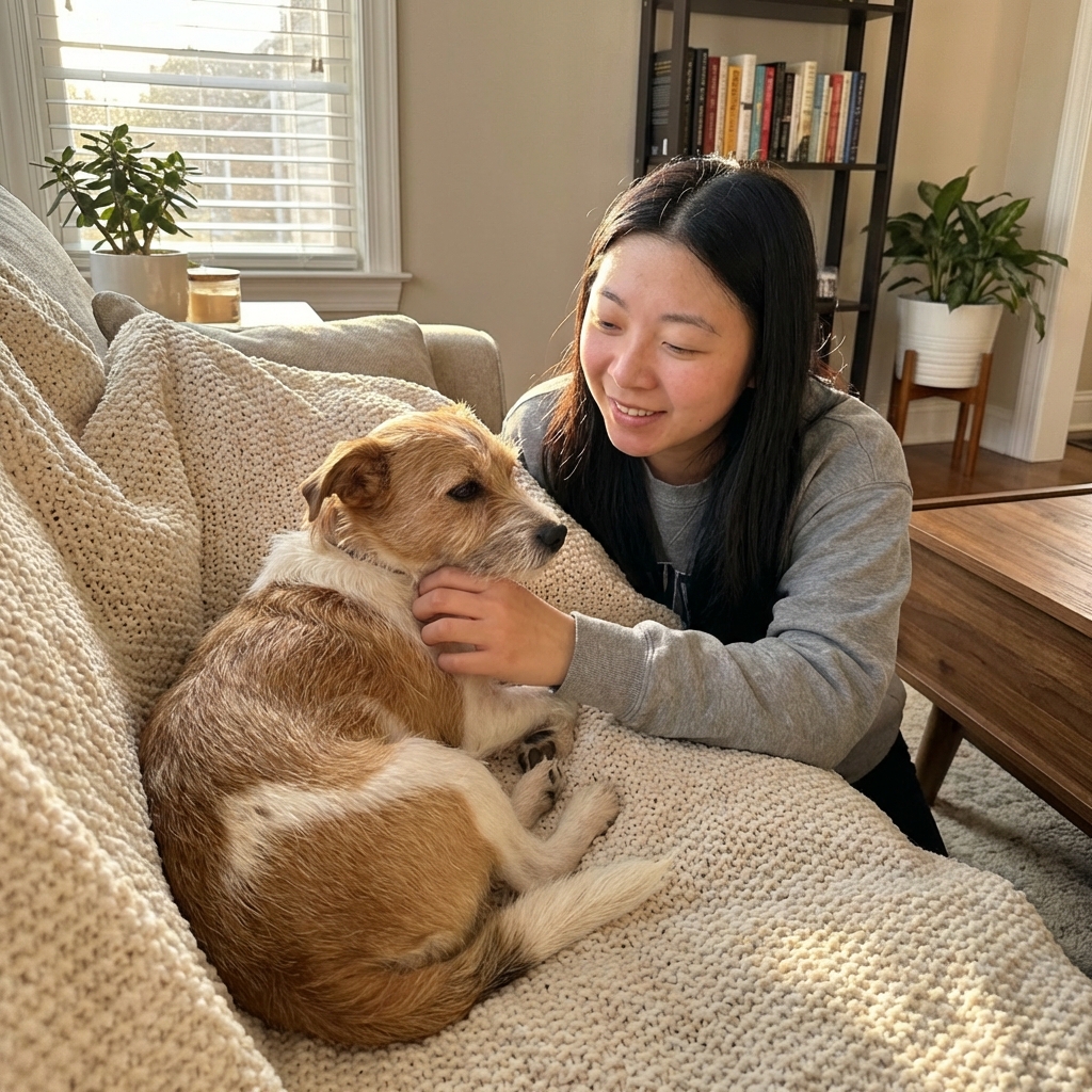 A small dog resting on a soft blanket indoors while a person gently pets its chest